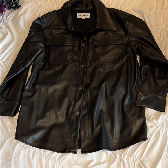 Steve Madden Black Faux Leather Shacket Shirt Coat Jacket L - Picture 1 of 10